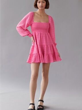 Urban Outfitters Hot Pink Square-Neck Tiered Mini Dress